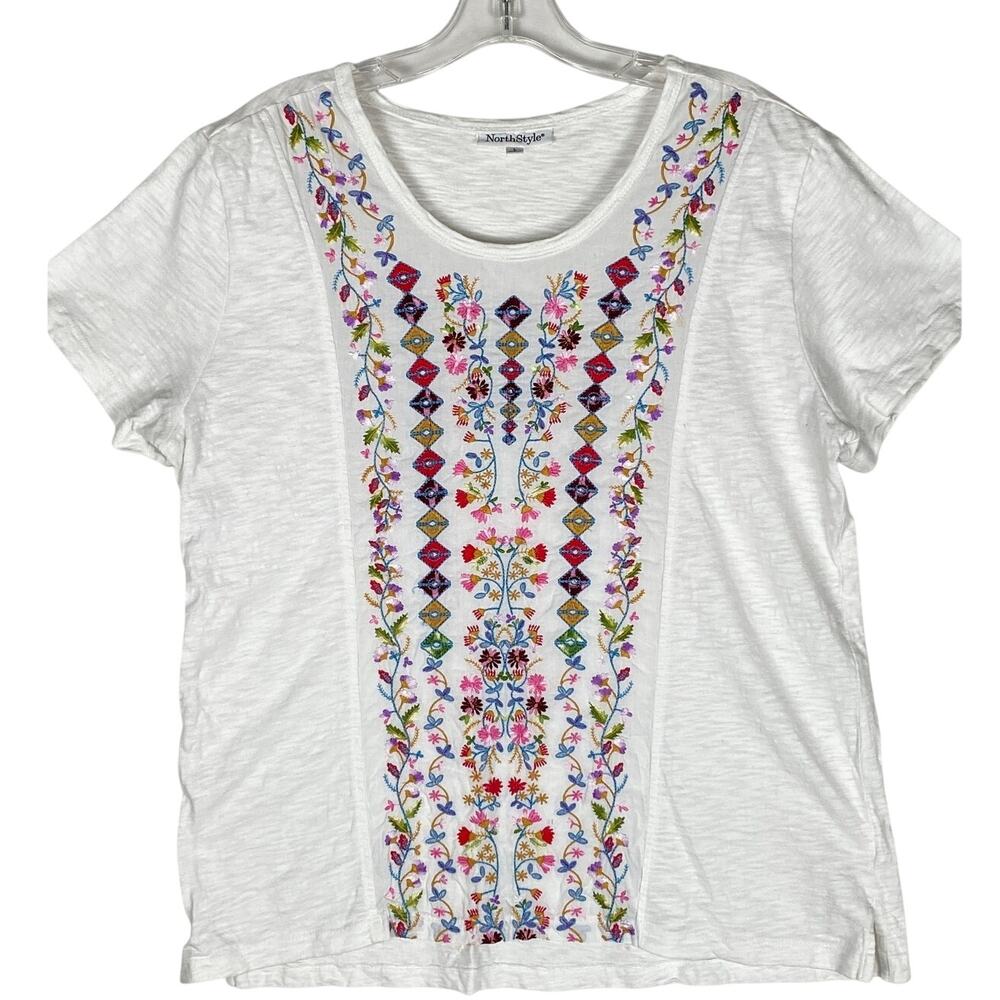 NorthStyle Embroidered Floral Folk Art White Shirt Womens L Cottage Boho Artsy